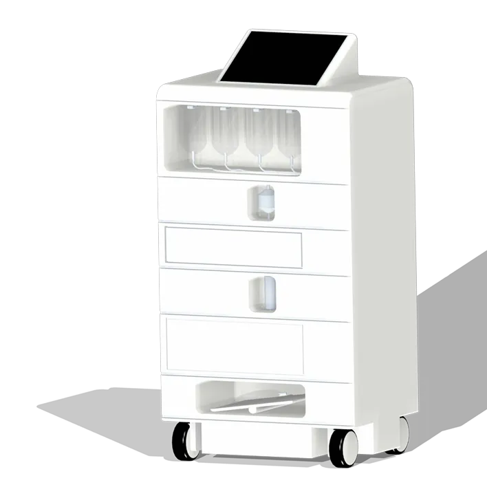 A rendering of a medicinal device with a screen on top and a hanging space for IV bags as well as some drawers. It has wheels at the bottom for easy mobility.