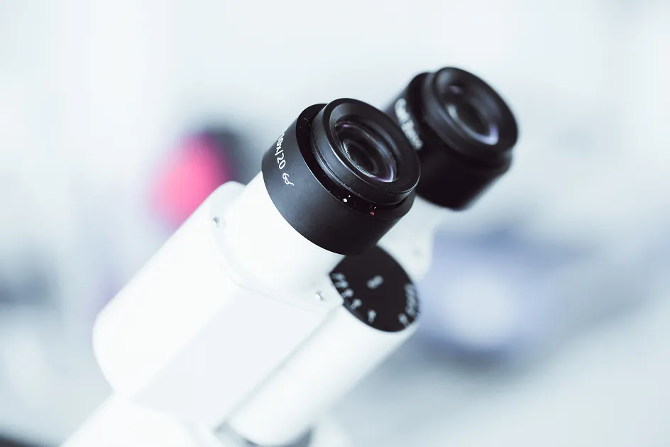 Microscope with two eyepieces, on a blurred background.