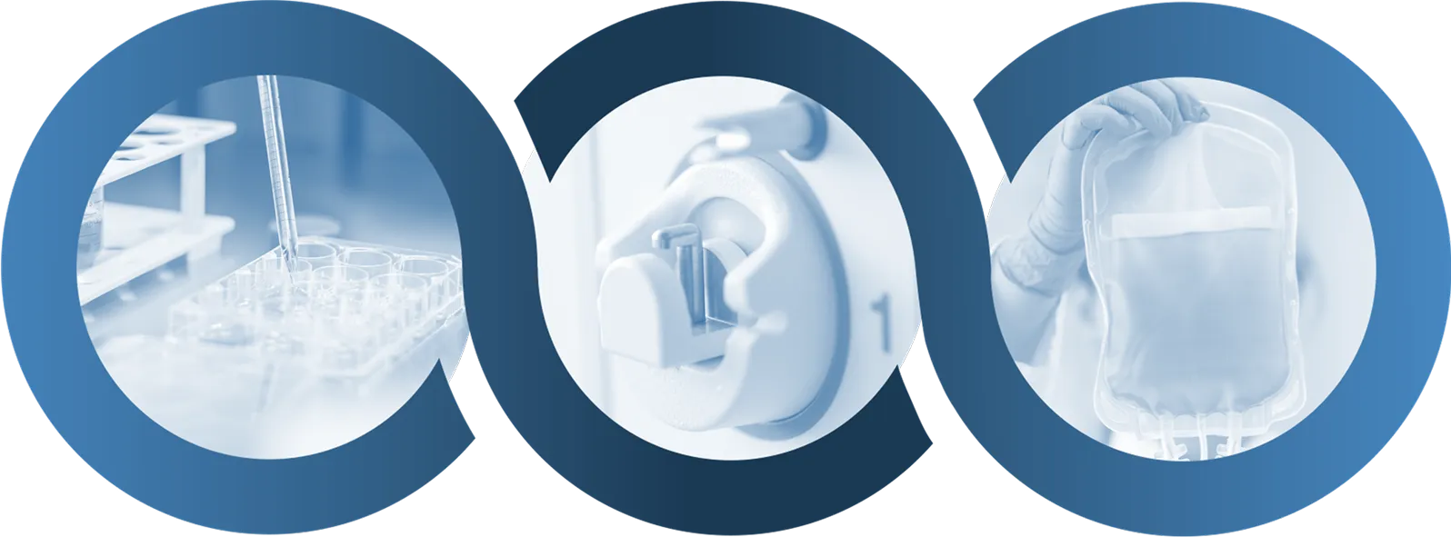 Three interconnected circles surround images depicting a dropper grabbing liquid from vials, a connector and an IV bag of liquid.